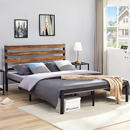 GreenForest Full Size Bed Frame with Wooden Headboard Platform Bed with Metal Support Slats NO-Noise Heavy Duty Bed Industrial Country Style, Mattress Foundation, Full