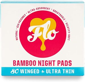 flo - mega pack of bamboo night pads, winged & ultra-thin, feminine period care, organic menstrual products, plant-based, plastic-free, sanitary napkins, women, black-owned, compostable, 80 count