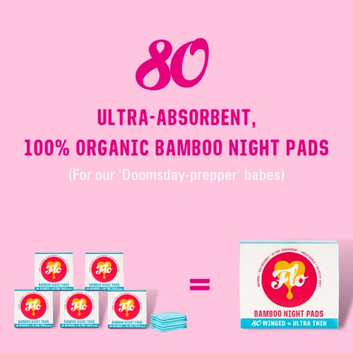 FLO - Mega Pack of Bamboo Night Pads, Winged & Ultra-Thin, Feminine Period Care, Organic Menstrual Products, Plant-Based, Plastic-Free, Sanitary Napkins, Women, Black-Owned, Compostable, 80 Count