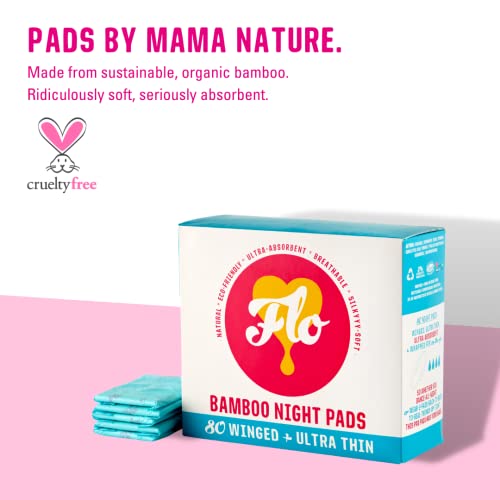 FLO - Mega Pack of Bamboo Night Pads, Winged & Ultra-Thin, Feminine Period Care, Organic Menstrual Products, Plant-Based, Plastic-Free, Sanitary Napkins, Women, Black-Owned, Compostable, 80 Count