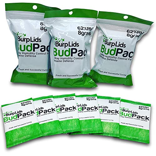 Burp Lids Bud Pack | 62% RH 2-Way Humidity Control | Size 8g Protects Up to 1 Ounce (30 Grams) Flower | Prevent Terpene Loss Over Drying and Molding | 12-Count Resealable Bag