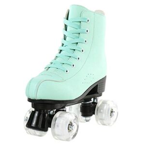 XUDREZ Roller Skates for Women Cozy Green PU Leather High-top Roller Skates for Beginner, Professional Indoor Outdoor Double-Row Roller Skates with Shoes Bag (Flash Wheel,37)