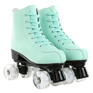 XUDREZ Roller Skates for Women Cozy Green PU Leather High-top Roller Skates for Beginner, Professional Indoor Outdoor Double-Row Roller Skates with Shoes Bag (Flash Wheel,37)