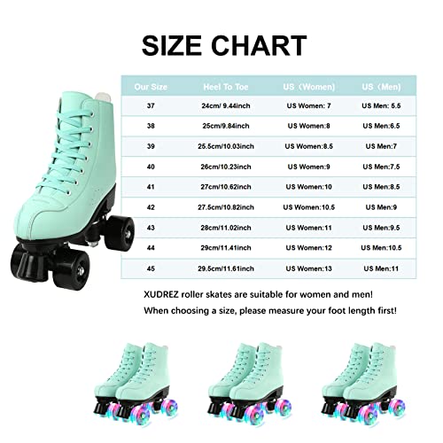 XUDREZ Roller Skates for Women Cozy Green PU Leather High-top Roller Skates for Beginner, Professional Indoor Outdoor Double-Row Roller Skates with Shoes Bag (Flash Wheel,37)