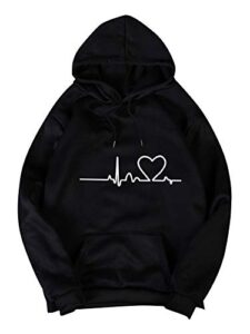 floerns women's drawstring hoodie long sleeve heart print pullovers sweatshirt black s