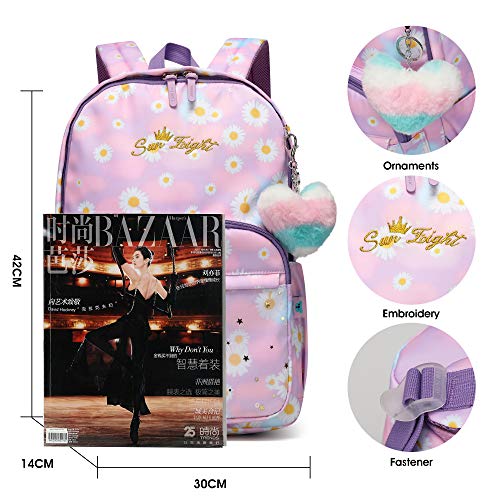 Caran·Y Girls Backpack for Kid in Waterproof Elementary Large space Love decoration Starry Pattern School Bookbag Boys Girls Fit Over 6 Years Old Girls Book Bag（Purple）