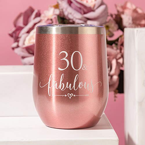 Crisky Rose Gold 30 & Fabulous Wine Tumbler for Women 30th Birthday Gifts for Women, Wife, Mom, Sister, Aunt, Friends, Coworker Her, Vacuum Insulated Coffee Cup,12oz with Box, Lid, Straw