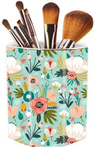 jwest pen holder, makeup brush holder ceramic shiny gold floral pattern pencil cup for girls kids women durable stand desk organizer storage gift for office, classroom, home mint flowers