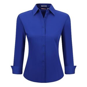 womens button down shirts long sleeve regular fit basic simple stretch work blouse royal blue xxl