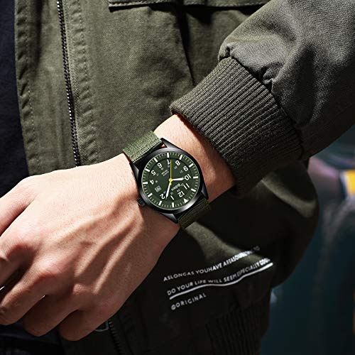 HANPOSH Mens Watches Waterproof Military Watches for Men Analog Tactical Wrist Watch Army Field Watches Work Watch Outdoor Casual Quartz Japanese Movement Nylon Band Black Green