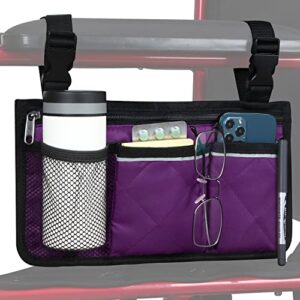 wheelchair side organizer storage bag armrest pouch with cup holder and reflective strip, for most wheelchairs, walkers or rollators (purple)
