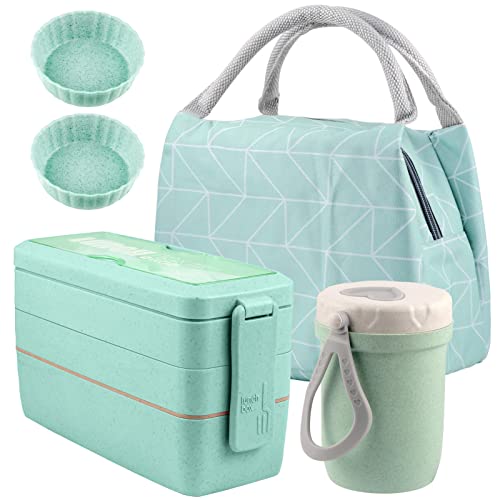 Stackable Bento Box with Lunch Bag, 3 Compartment Japanese All-in-1 Lunch Containers, Wheat Straw for Adult Meal Prep Lunch Snack by Iteryn