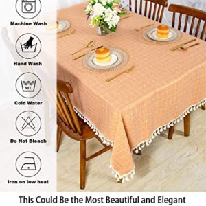 Rectangle Tablecloth Cotton Tablecloth Wrinkle Free Dust-Proof Table Cloth Checkered Design Tablecloth Heavy Weight Cotton Linen 55"x86" Coral Embroidery Tassel Tablecloth for Home Kitchen Tables