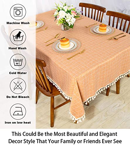 Rectangle Tablecloth Cotton Tablecloth Wrinkle Free Dust-Proof Table Cloth Checkered Design Tablecloth Heavy Weight Cotton Linen 55"x86" Coral Embroidery Tassel Tablecloth for Home Kitchen Tables