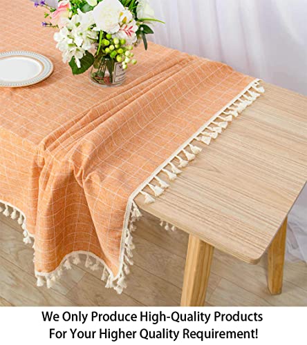 Rectangle Tablecloth Cotton Tablecloth Wrinkle Free Dust-Proof Table Cloth Checkered Design Tablecloth Heavy Weight Cotton Linen 55"x86" Coral Embroidery Tassel Tablecloth for Home Kitchen Tables