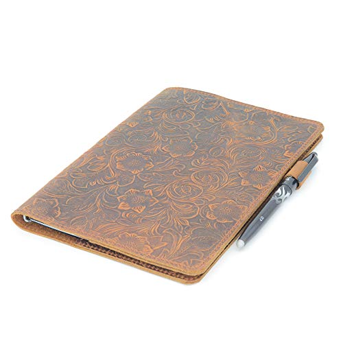 JJNUSA Compatible with Rocketbook Cover Smart Business Genuine Leather Notebook Cover for Everlast, Fusion, Wave, Moleskin A5 with Pen Loop & Business Card Holder Executive 6" x 8.8" Flower