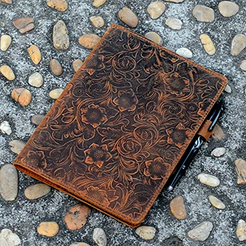 JJNUSA Compatible with Rocketbook Cover Smart Business Genuine Leather Notebook Cover for Everlast, Fusion, Wave, Moleskin A5 with Pen Loop & Business Card Holder Executive 6" x 8.8" Flower