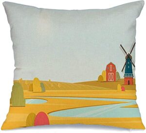 decorative linen throw pillow cover cushion case grain wind rural design summer with farm land landscape harvest village old windmill parks outdoor farmhouse pillowcase for car couch 16x16 inch