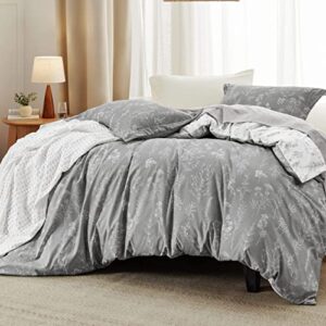 Bedsure Queen Comforter Set - Grey Comforter, Cute Floral Bedding Comforter Sets, 3 Pieces, 1 Soft Reversible Botanical Flowers Comforter and 2 Pillow Shams