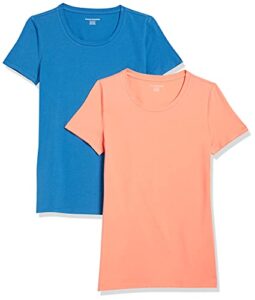 amazon essentials women's classic-fit short-sleeve crewneck t-shirt, pack of 2, blue/coral orange, medium