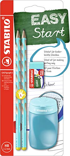 STABILO Handwriting Pencil EASYgraph S School Set - Left-Handed - Pencil x 2 + EASYsharpener + EASYeraser - blue