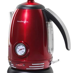 Nostalgia Retro Stainless Steel Electric Tea And Water Kettle, 1.7 Liters, Auto-Shut Off & Boil-Dry Protection, Water Level Indicator Window, Red