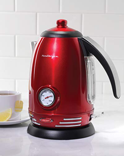 Nostalgia Retro Stainless Steel Electric Tea And Water Kettle, 1.7 Liters, Auto-Shut Off & Boil-Dry Protection, Water Level Indicator Window, Red