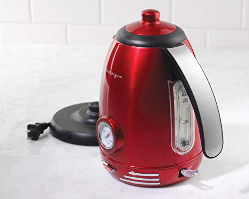 Nostalgia Retro Stainless Steel Electric Tea And Water Kettle, 1.7 Liters, Auto-Shut Off & Boil-Dry Protection, Water Level Indicator Window, Red