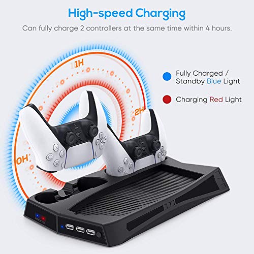 Vertical Stand with Cooling Fan for Playstation 5 and PS5 Digital Edition, Dual Controller Charging Station Horizontal Organizer with 3 USB Hub for DualSense 5…