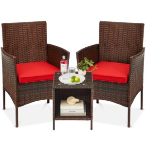 best choice products 3-piece outdoor wicker conversation bistro set, space saving patio furniture for yard, garden w/ 2 chairs, 2 cushions, side storage table - brown/red