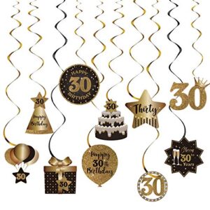 happy 30th birthday party hanging swirls streams ceiling decorations, celebration 30 foil hanging swirls with cutouts for 30 years old black and gold birthday party decorations supplies