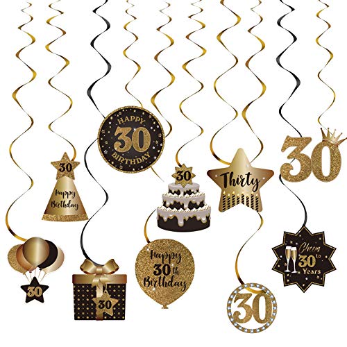 Happy 30th Birthday Party Hanging Swirls Streams Ceiling Decorations, Celebration 30 Foil Hanging Swirls with Cutouts for 30 Years Old Black and Gold Birthday Party Decorations Supplies