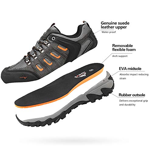 NORTIV 8 Mens Waterproof Hiking Shoes Leather Low-Top Hiking Shoes for Outdoor Trailing, Trekking, Camping, Walking,Black/Dark/Grey/Orange - 10 (Quest-1)