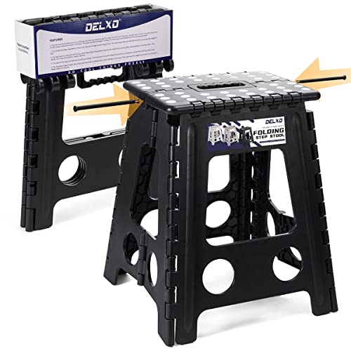 Delxo 16” Folding Step Stool in Black,1 Pack Premium Heavy Duty Foldable Stool for Adults,Portable Collapsible Plastic Step Stool,Non Slip Folding Stools for Kitchen Bathroom Bedroom Up to 400LBS