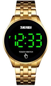 pasoy touch screen digital led watch green highlight backlight stainless steel watchband waterproof casual sport mens womens boys watch (gold)