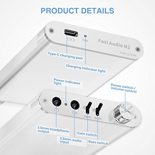 Fosi Audio N2 Headset Portable Amp Gain & Bass Switch Hi-Fi 3.5MM Earphone Headset Powered Dual-Output with Lithium Battery for iPhone, iPad, iPod, MP3 and Computers Speakers