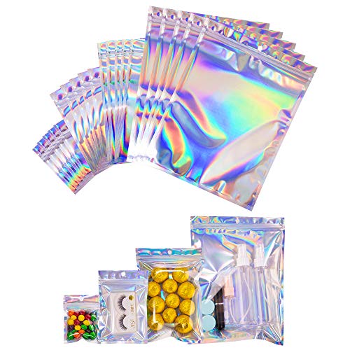 100 Pack Resealable Mylar Bags Holographic Bags 3 x 4 Inch Ziplock Pouch Flat Ziplock Bags for Party Favor Food Storage,for Cookies,Jewelry Packaging,Hanging Ziplock Bag