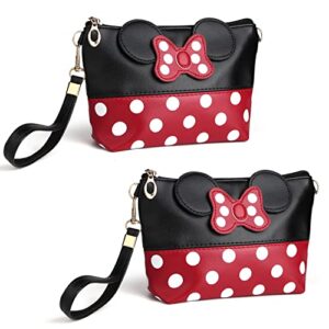 yiwoo 2 pack cosmetic bag mouse ears bag with zipper,cartoon leather travel makeup handbag with bow-knot, cute portable toiletry pouch for women teen girls kids (black)