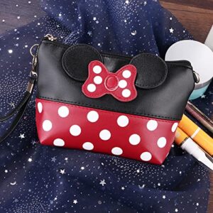 yiwoo 2 Pack Cosmetic Bag Mouse Ears Bag with Zipper,Cartoon Leather Travel Makeup Handbag with Bow-knot, Cute Portable Toiletry Pouch for Women Teen Girls Kids (Black)