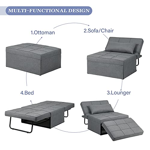 Saemoza Sofa Bed, 4 in 1 Multi Function Folding Ottoman Sleeper Bed, Modern Convertible Chair Adjustable Backrest Sleeper Couch Bed for Living Room/Small Apartment, Light Gray