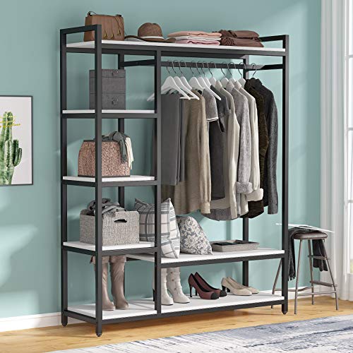 Tribesigns Free-standing Closet Organizer with 6 Storage Shelves and Hanging Bar, Large Standing Clothes Garment Rack(White)