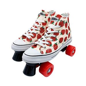 haserd roller skates for women with bags- adjustable double row canvas roller skates for girls strawberry and pineapple themed design- quad wheel high top canvas sneaker style (strawberry, 8.5)