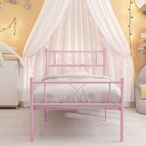 weehom metal platform bed frame with headboard and footboard under storage 12.7inch twin size beds mattress foundation pink