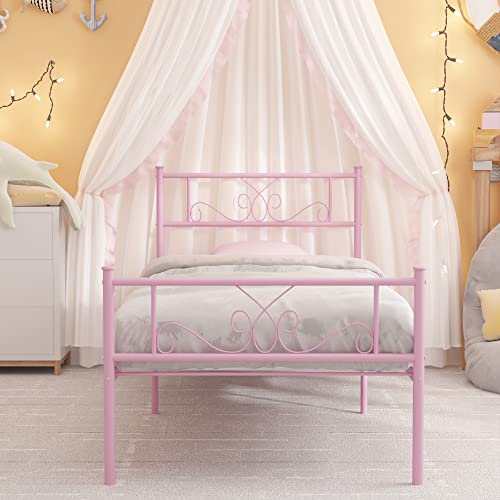 Weehom Metal Platform Bed Frame with Headboard and Footboard Under Storage 12.7Inch Twin Size Beds Mattress Foundation Pink