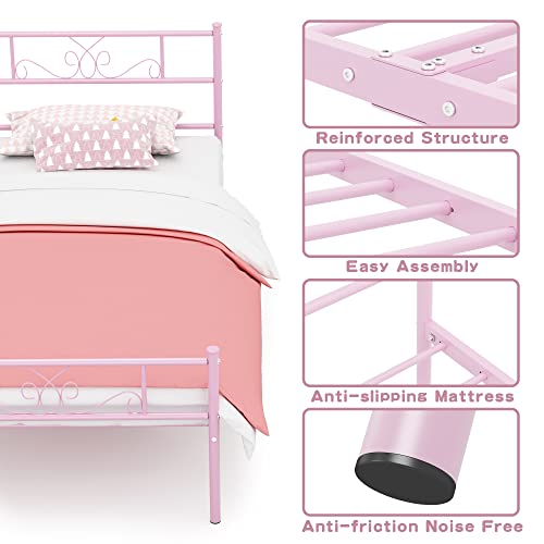 Weehom Metal Platform Bed Frame with Headboard and Footboard Under Storage 12.7Inch Twin Size Beds Mattress Foundation Pink