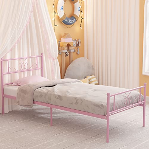 Weehom Metal Platform Bed Frame with Headboard and Footboard Under Storage 12.7Inch Twin Size Beds Mattress Foundation Pink