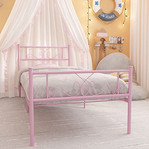 Weehom Metal Platform Bed Frame with Headboard and Footboard Under Storage 12.7Inch Twin Size Beds Mattress Foundation Pink