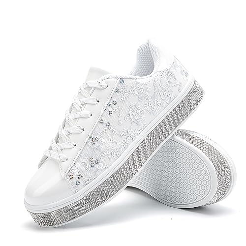 UUBARIS Women's Glitter Tennis Sneakers Floral Dressy Sparkly Sneakers Rhinestone Bling Wedding Bridal Shoes Shiny Sequin Shoes White Size 8