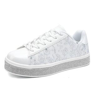 uubaris women's glitter tennis sneakers floral dressy sparkly sneakers rhinestone bling wedding bridal shoes shiny sequin shoes white size 8
