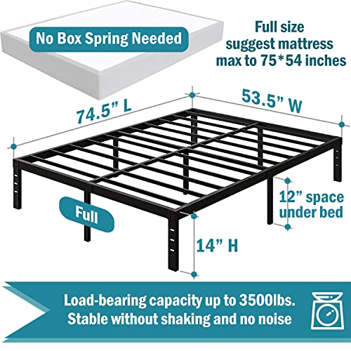 OmiNight Full Size Bed Frame,14 inches Heavy Duty 3500lbs Metal Platform No Box Spring Needed,Sturdy Bed Frame Full Steel Slat Support Non Slip,Black F